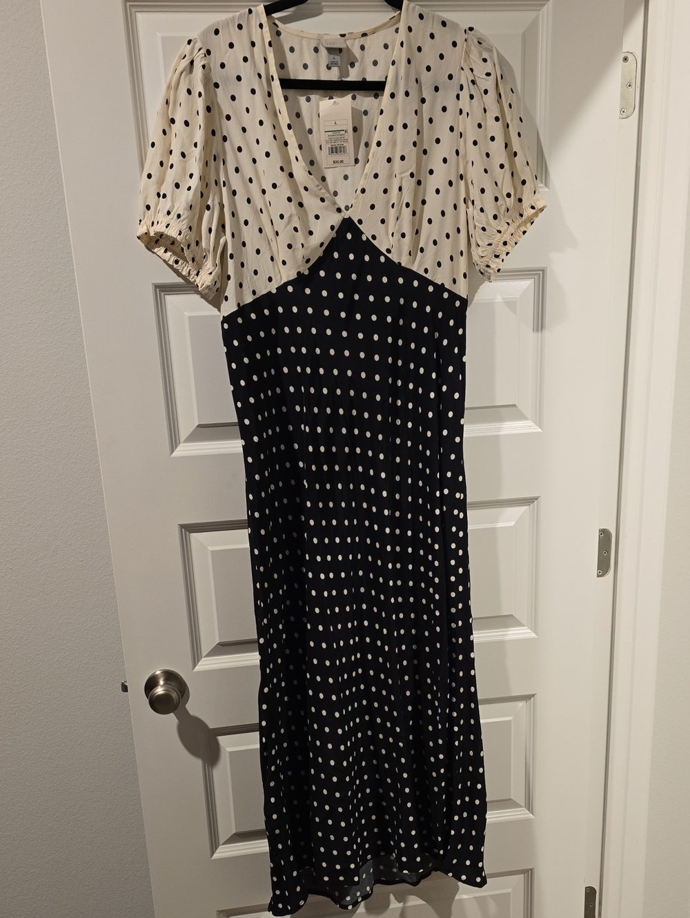 A New DayPolka Dot Two-Tone Midi Dress in Black and Cream